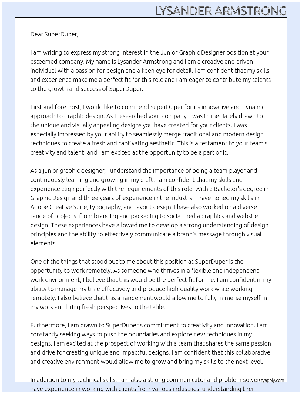 Junior Graphic Designer At SuperDuper Cover Letter