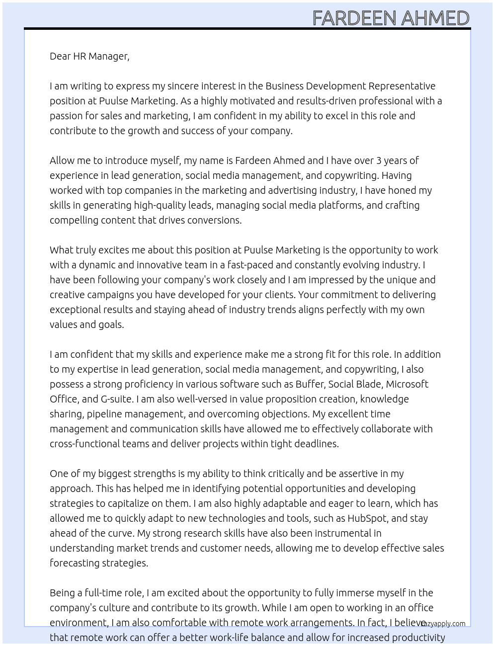 Business Development Representative At Puulse Marketing Cover Letter