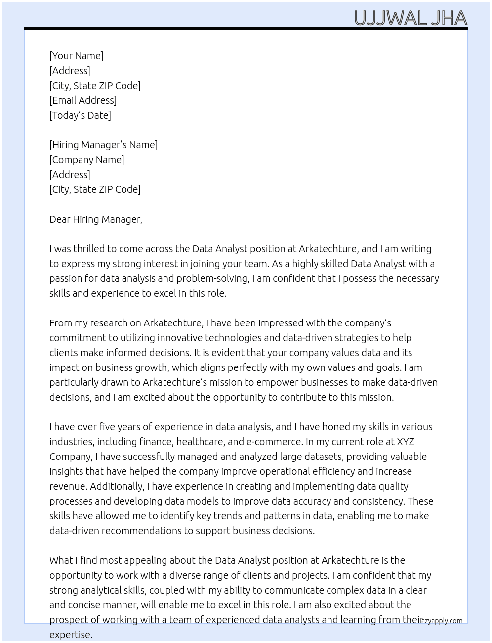 data analyst At arkatechture Cover Letter