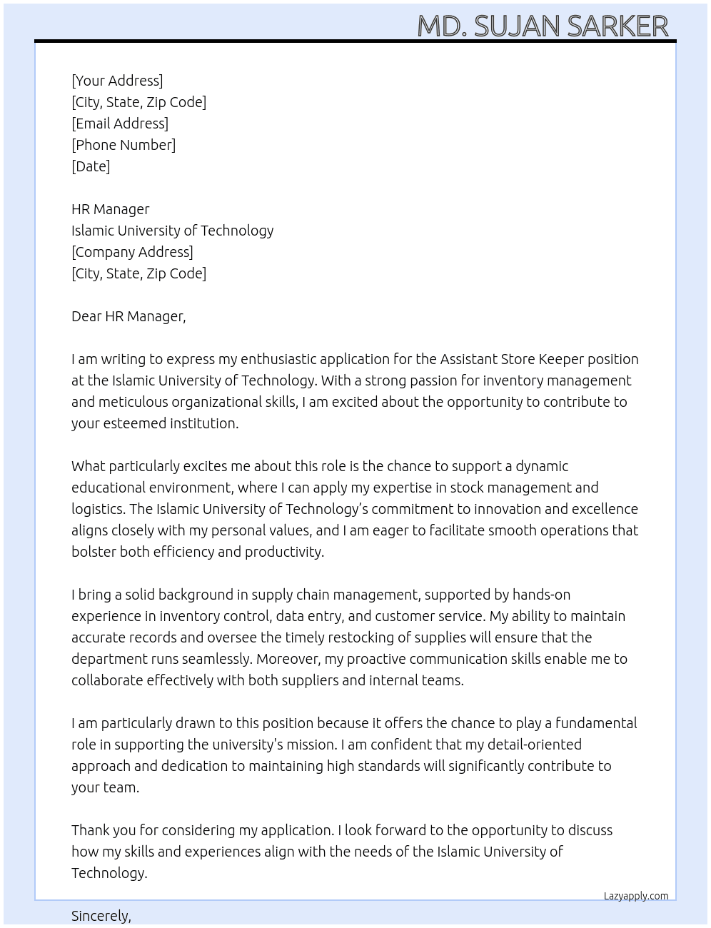Assistant store keeper  At Islamic university of technology  Cover Letter