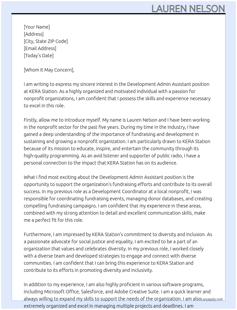 Development Admin Assistant At KERA Station Cover Letter