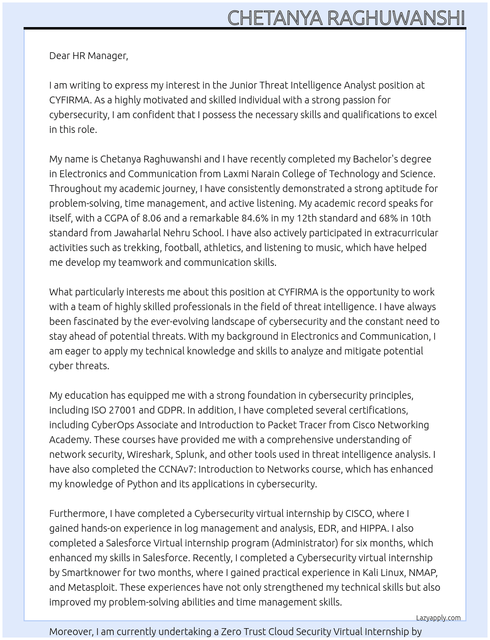 Junior Threat Intelligence Analyst At CYFIRMA Cover Letter