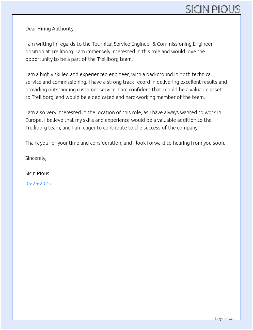Technical service engineer &commissioning engineer  At Trelliborg Cover Letter