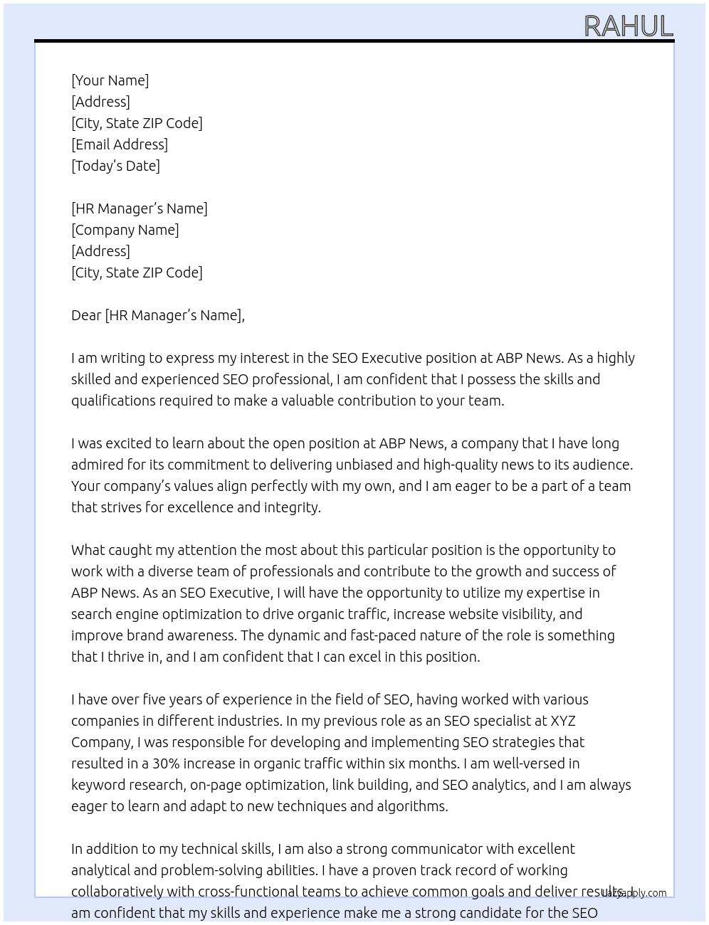 SEO Executive At ABP News Cover Letter