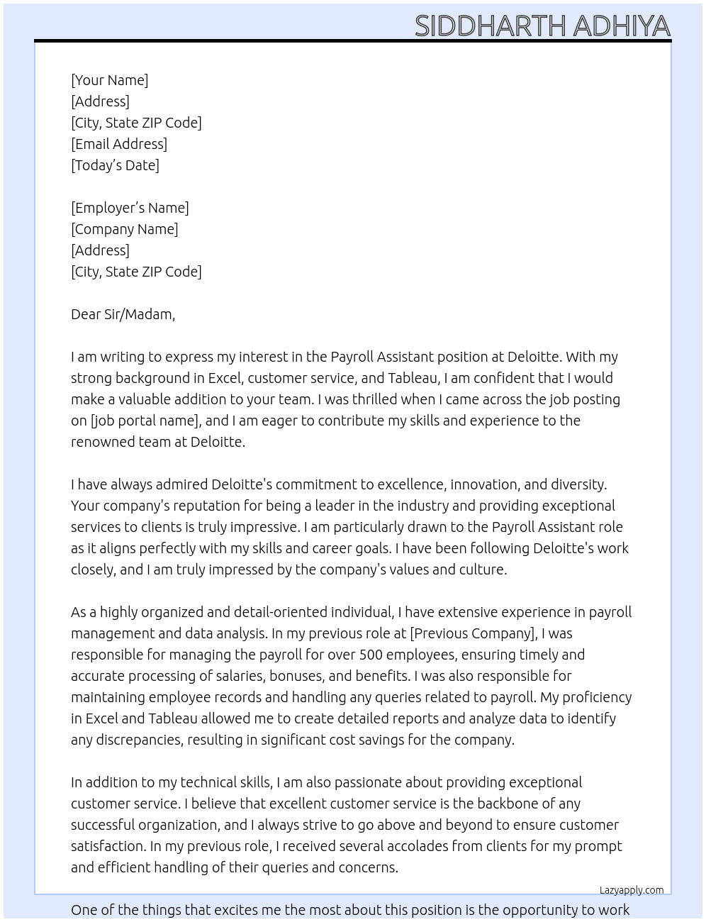 Payroll assistant At Deloitte Cover Letter