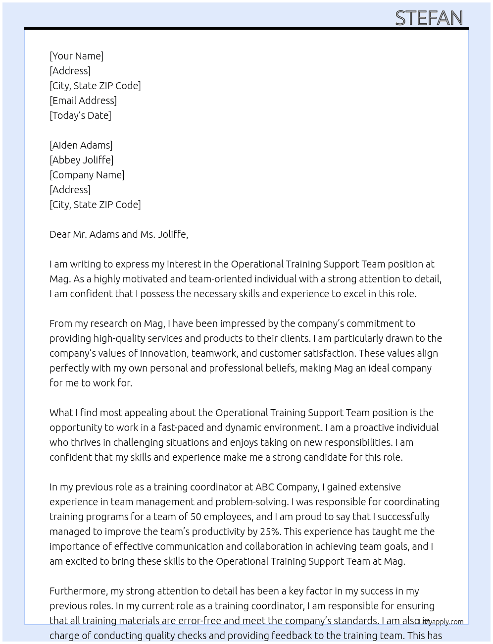 operatioinal training support team At mag Cover Letter