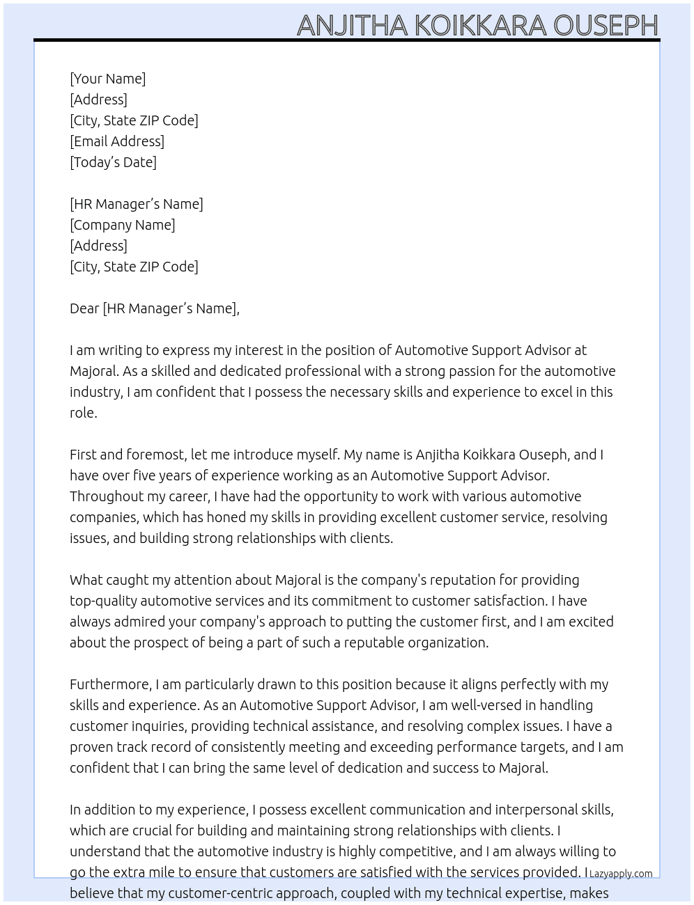 Automative support advisor At majoral Cover Letter
