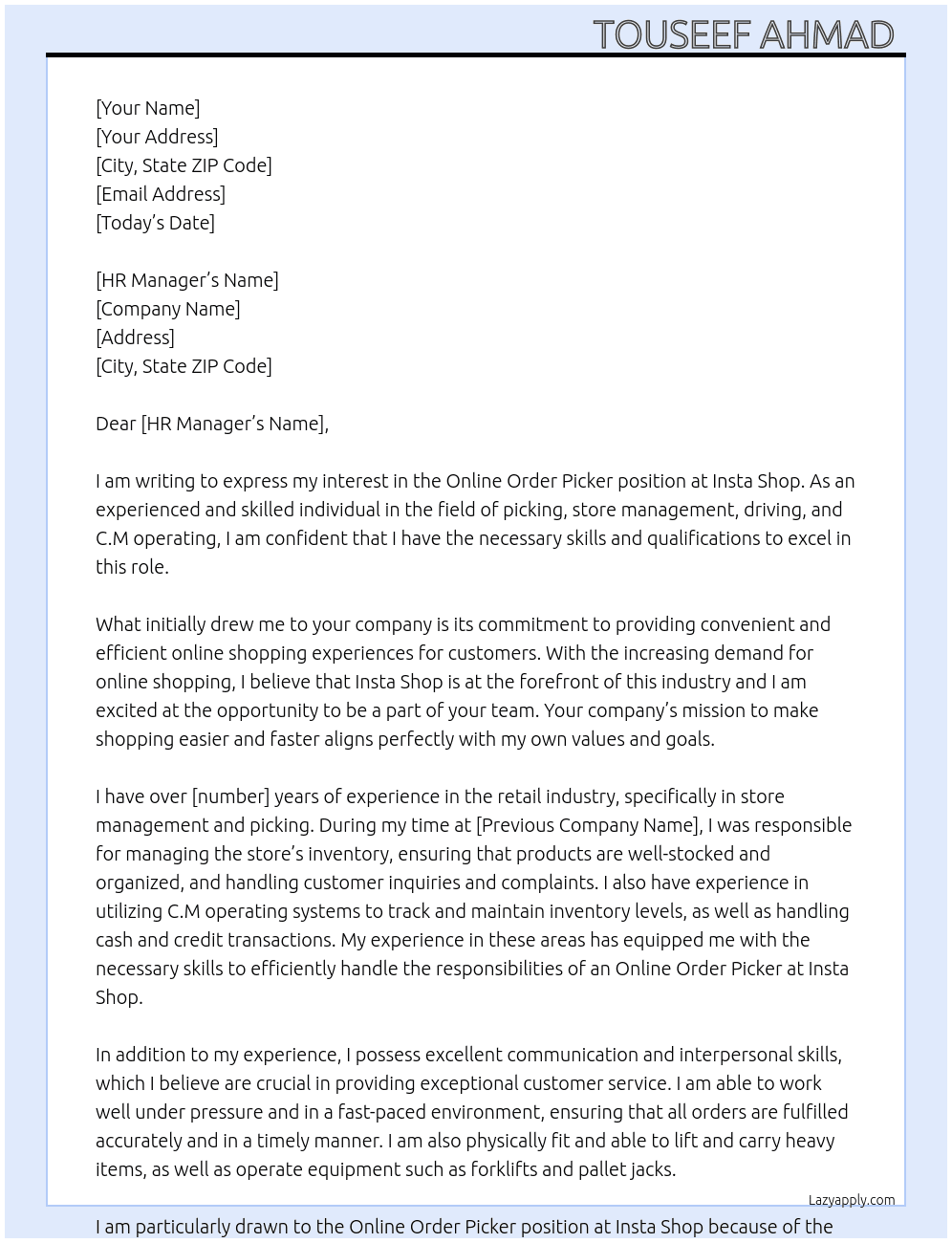 Online Order Picker  At Insta shop  Cover Letter