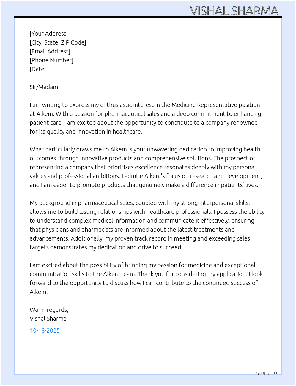 Medicine Representative  At Alkem Cover Letter