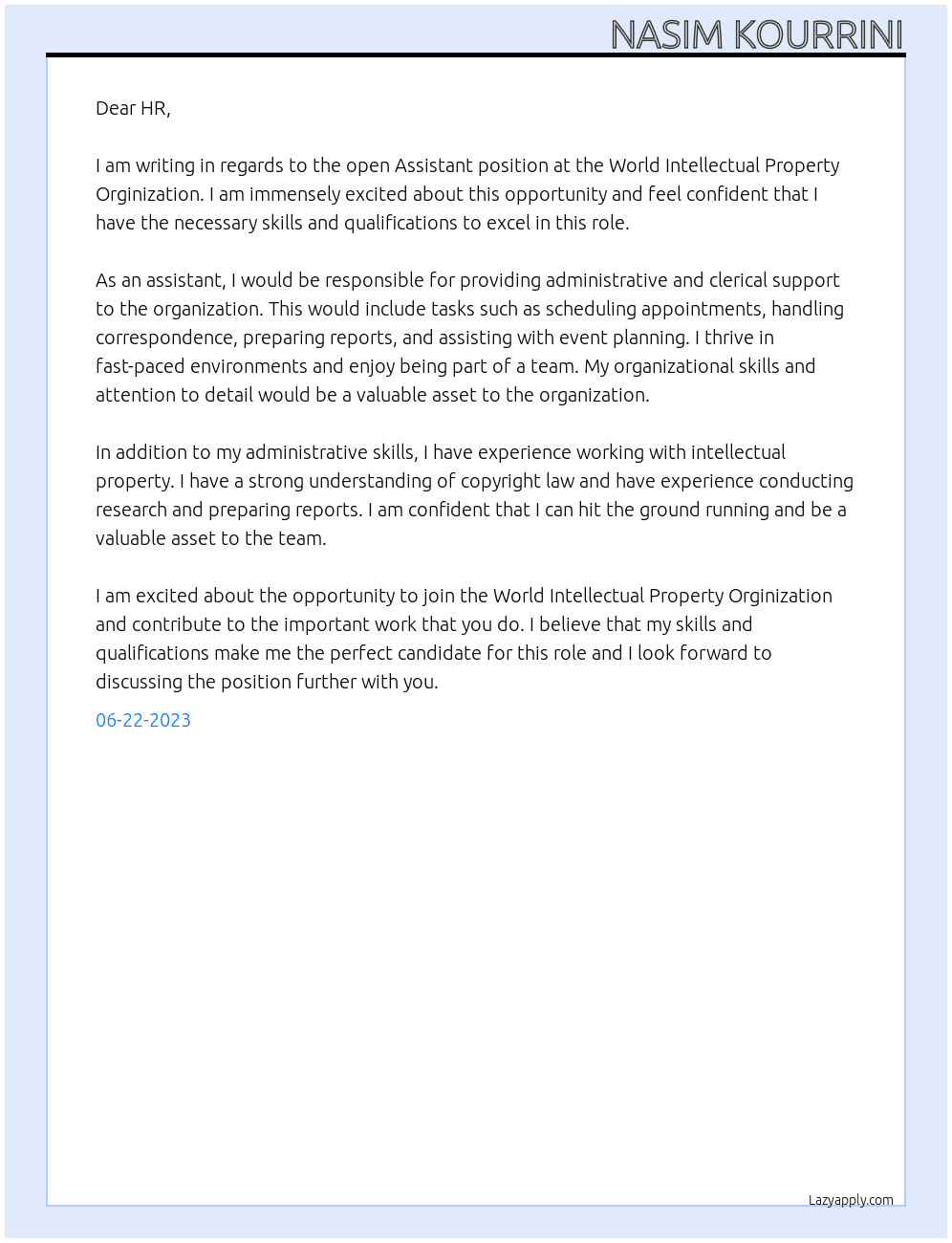 Assistant At World Intellectual Property Orginization Cover Letter