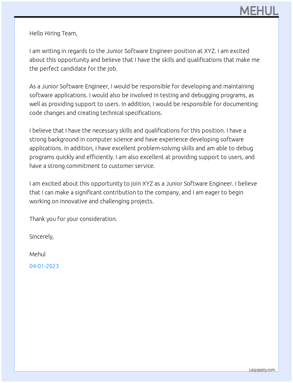 Junior Software Engineer At xyz Cover Letter
