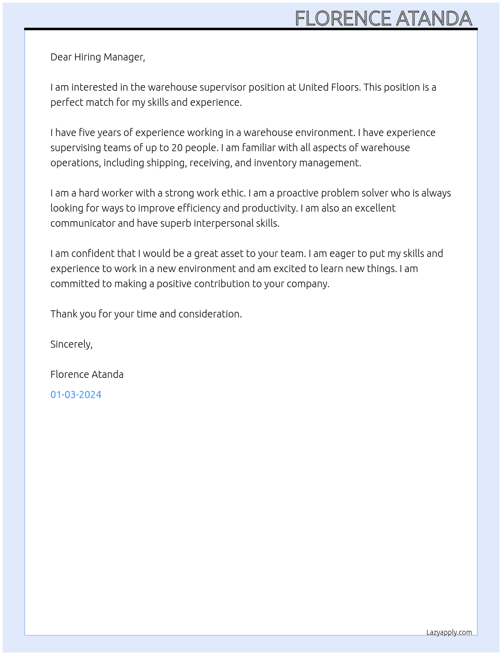Warehouse Supervisor  At United Floors Cover Letter