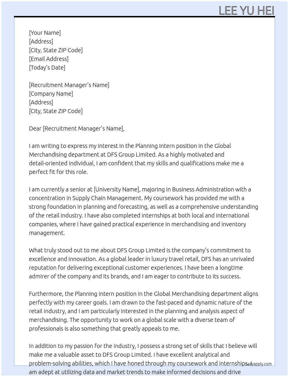 Planning Intern, Global Merchandising At DFS Group Limited Cover Letter