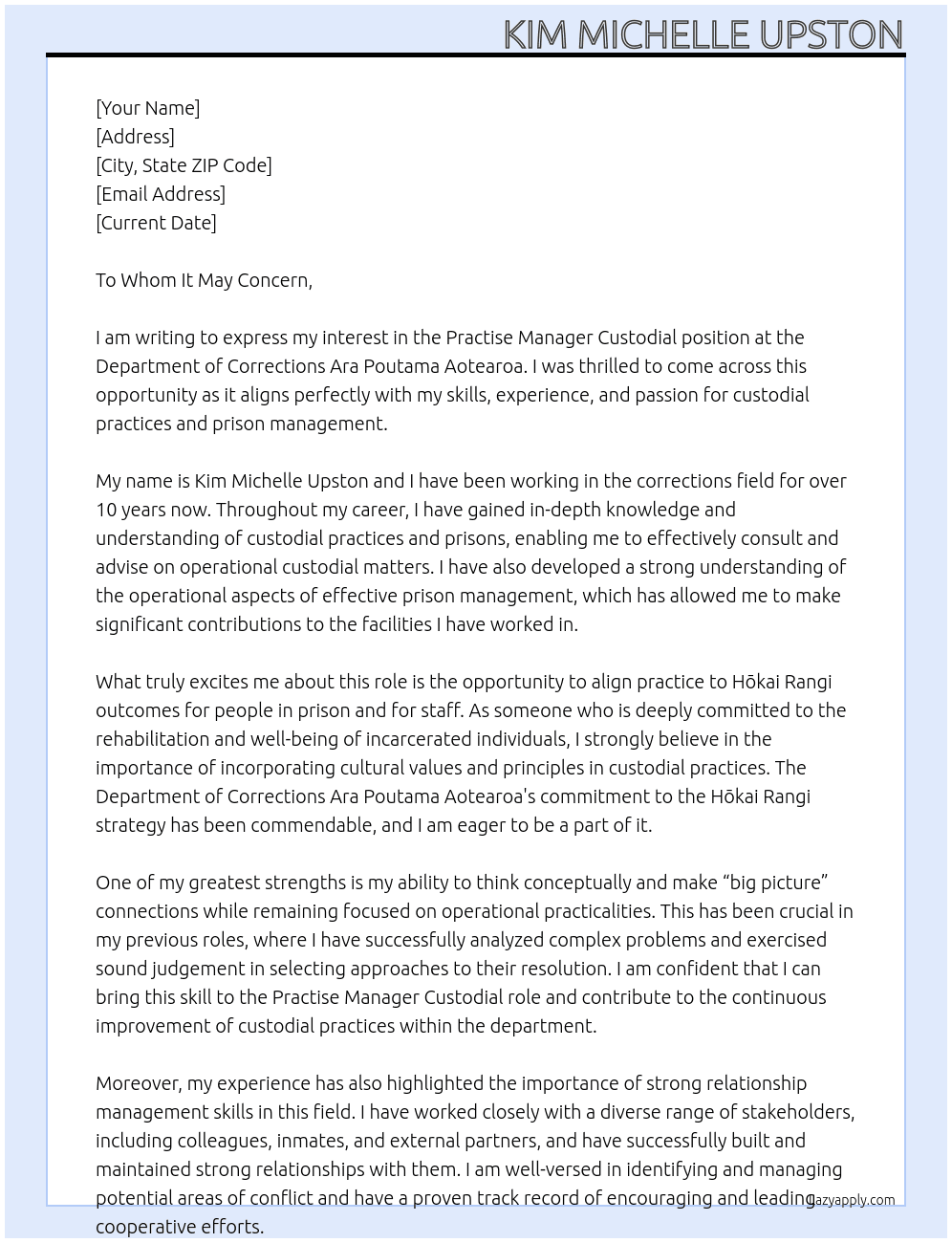 Practise Manager Custodial  At Department of Corrections Ara Poutama Aotearoa  Cover Letter