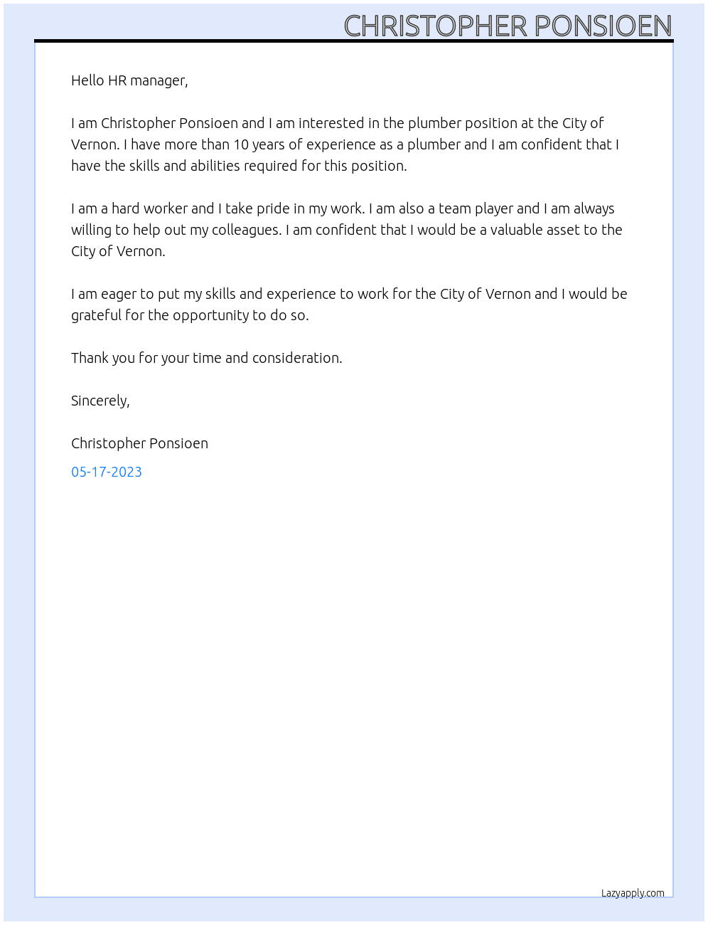 Plumber At City of Vernon Cover Letter