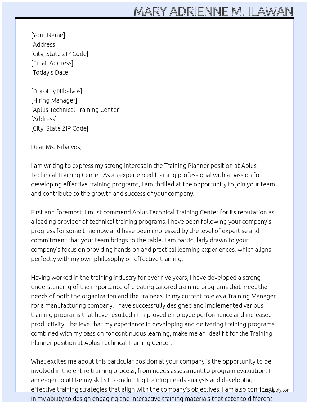 Training Planner At Aplus Technical Training Center Cover Letter