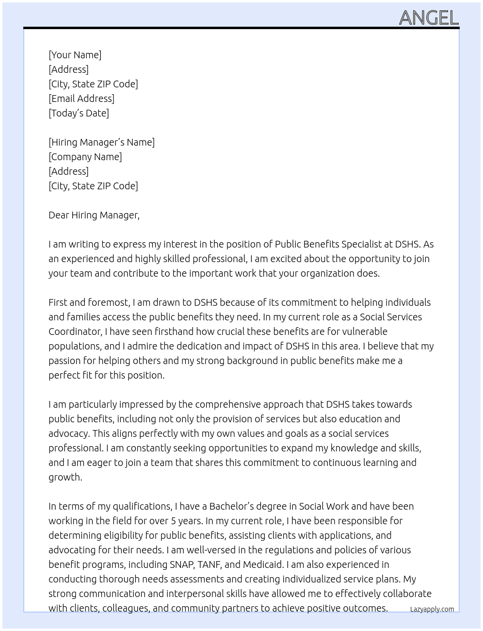 public benefits specialist At DSHS Cover Letter