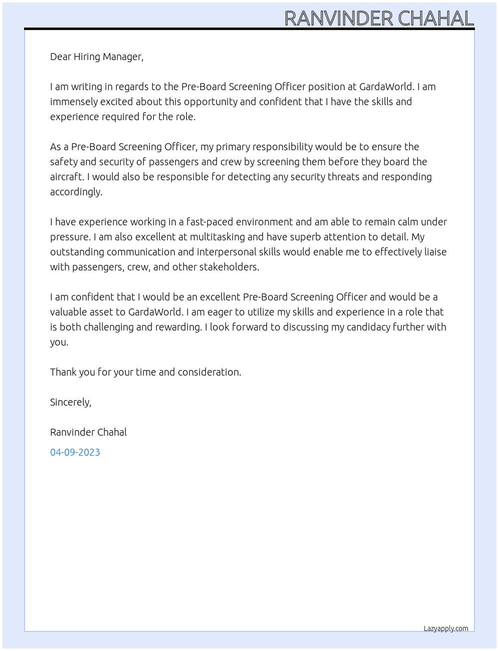 Pre-Board Screening Officer  At GardaWorld Cover Letter