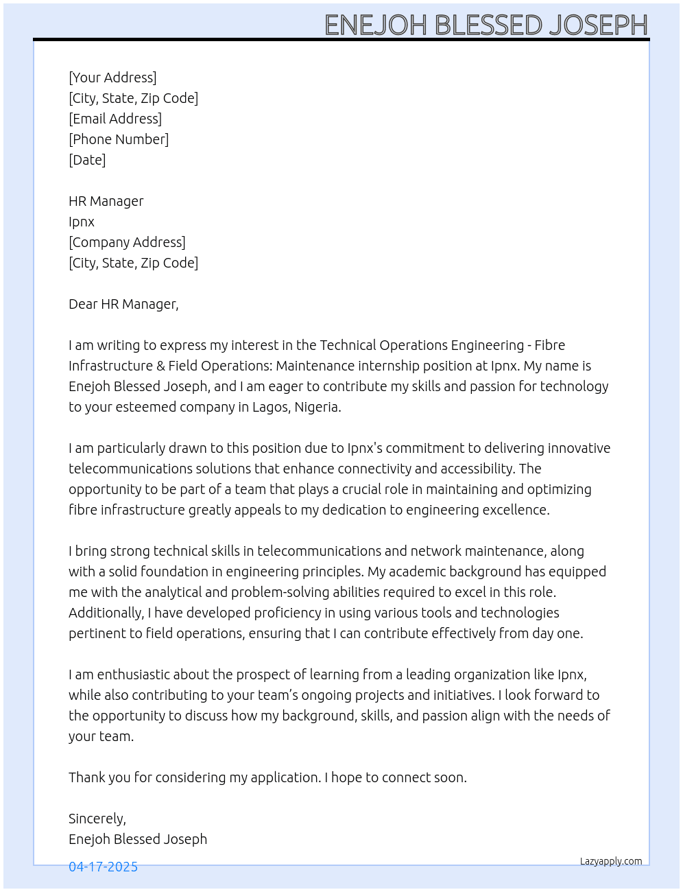 TECHNICAL OPERATIONS ENGINEERING FIBRE INFRST & FIELD OPERATIONS: MAINTENANCE At Ipnx Cover Letter