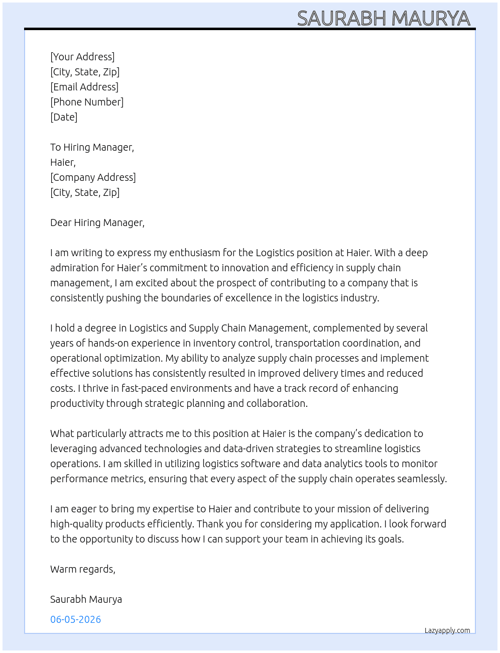 Application for Logistics  At Haier Cover Letter