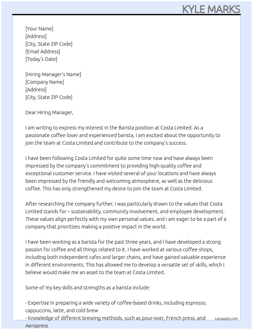 Barista At Costa Limited Cover Letter