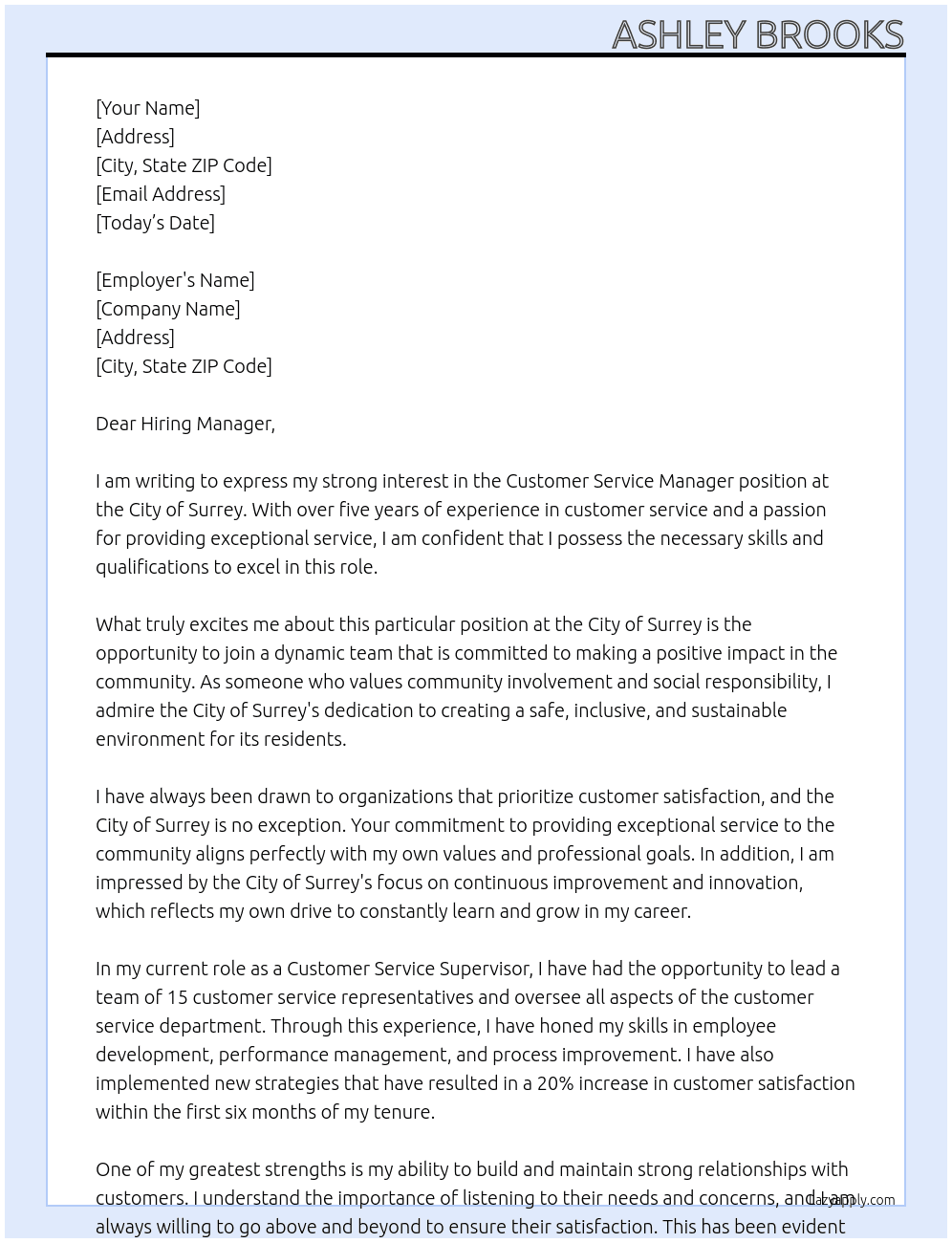 Customer Service Manager At City of Surrey Cover Letter