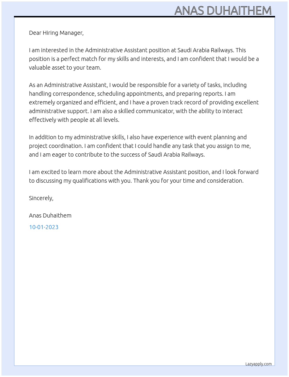 Administrative Assistant At Saudi Arabia Railways Cover Letter