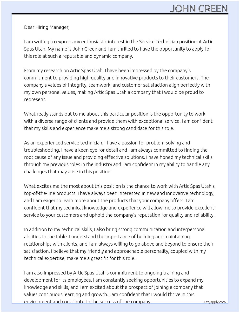Service Technician At Artic Spas Utah Cover Letter