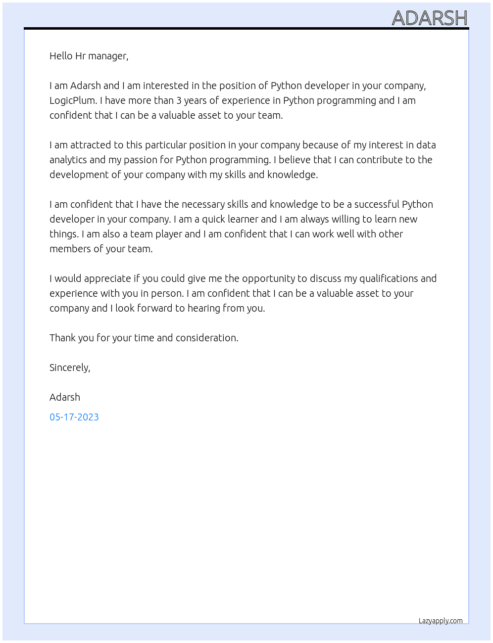 Python developer At LogicPlum  Cover Letter