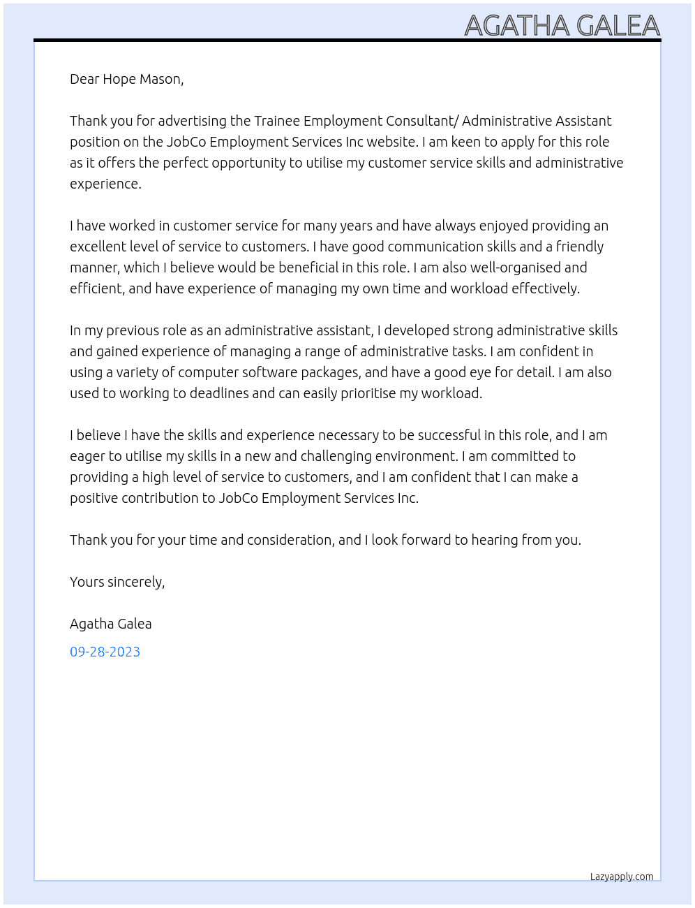 Trainee Employment Consultant/ Administrative Assistant At JobCo Employment Sevices Inc Cover Letter