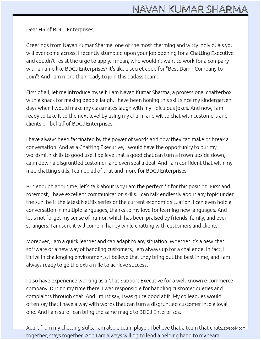 Chatting executive At BDCJ Enterprises Cover Letter