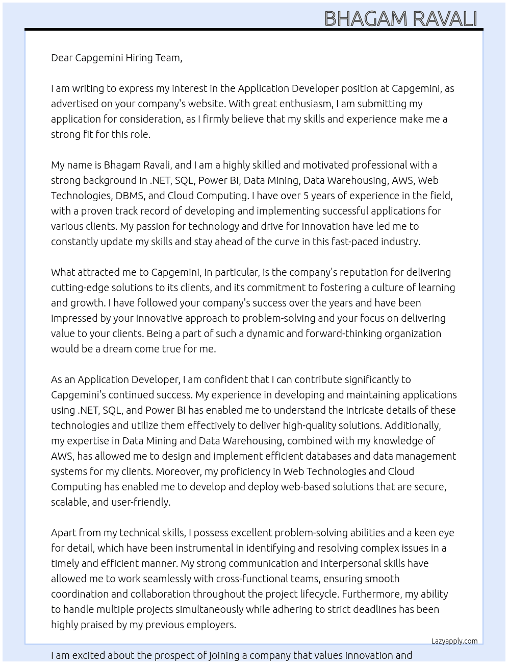 Application developer  At Capgemini  Cover Letter