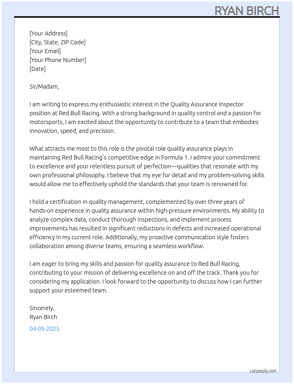 Quality assurance inspector  At Red Bull racing Cover Letter