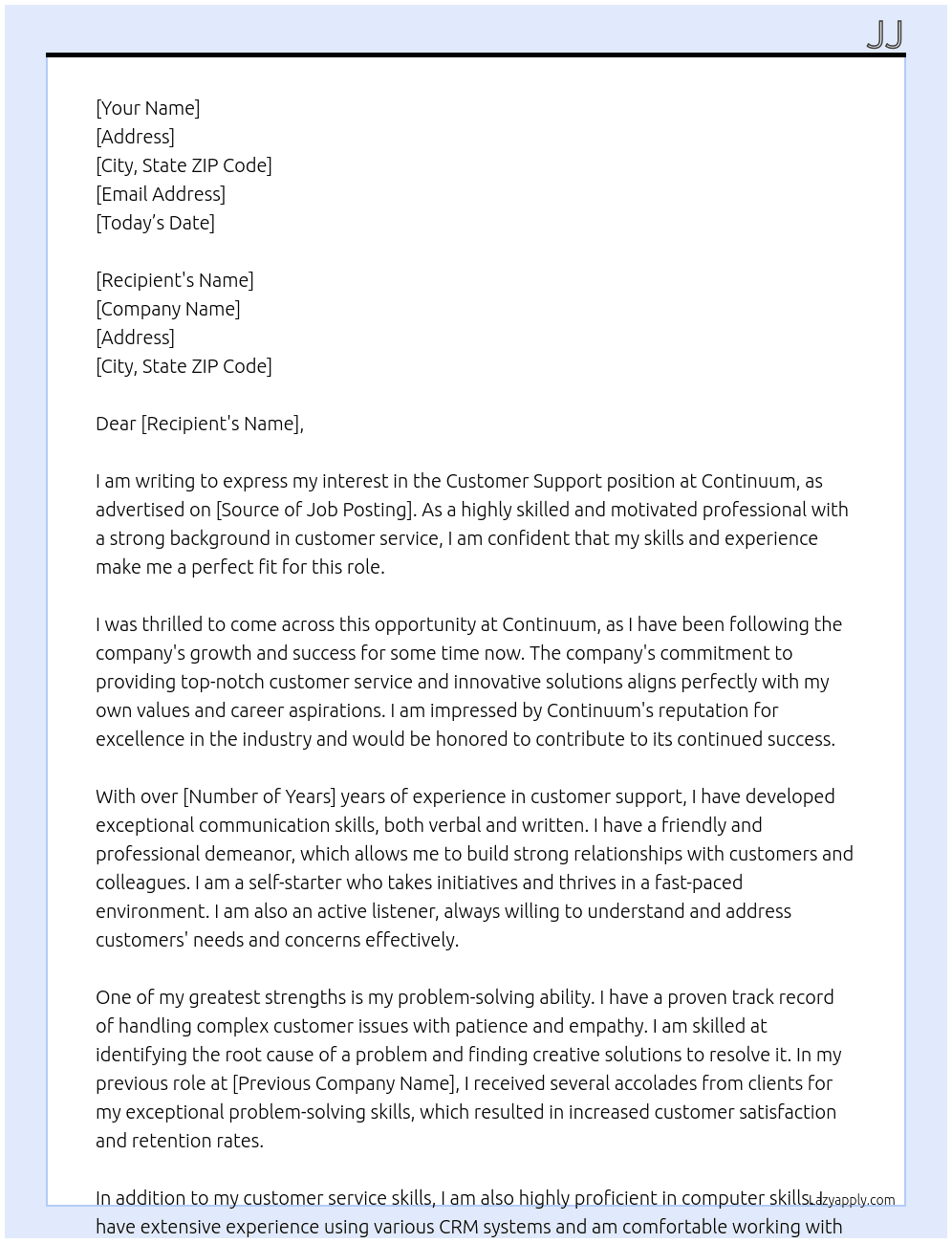 Customer support At Continuum Cover Letter