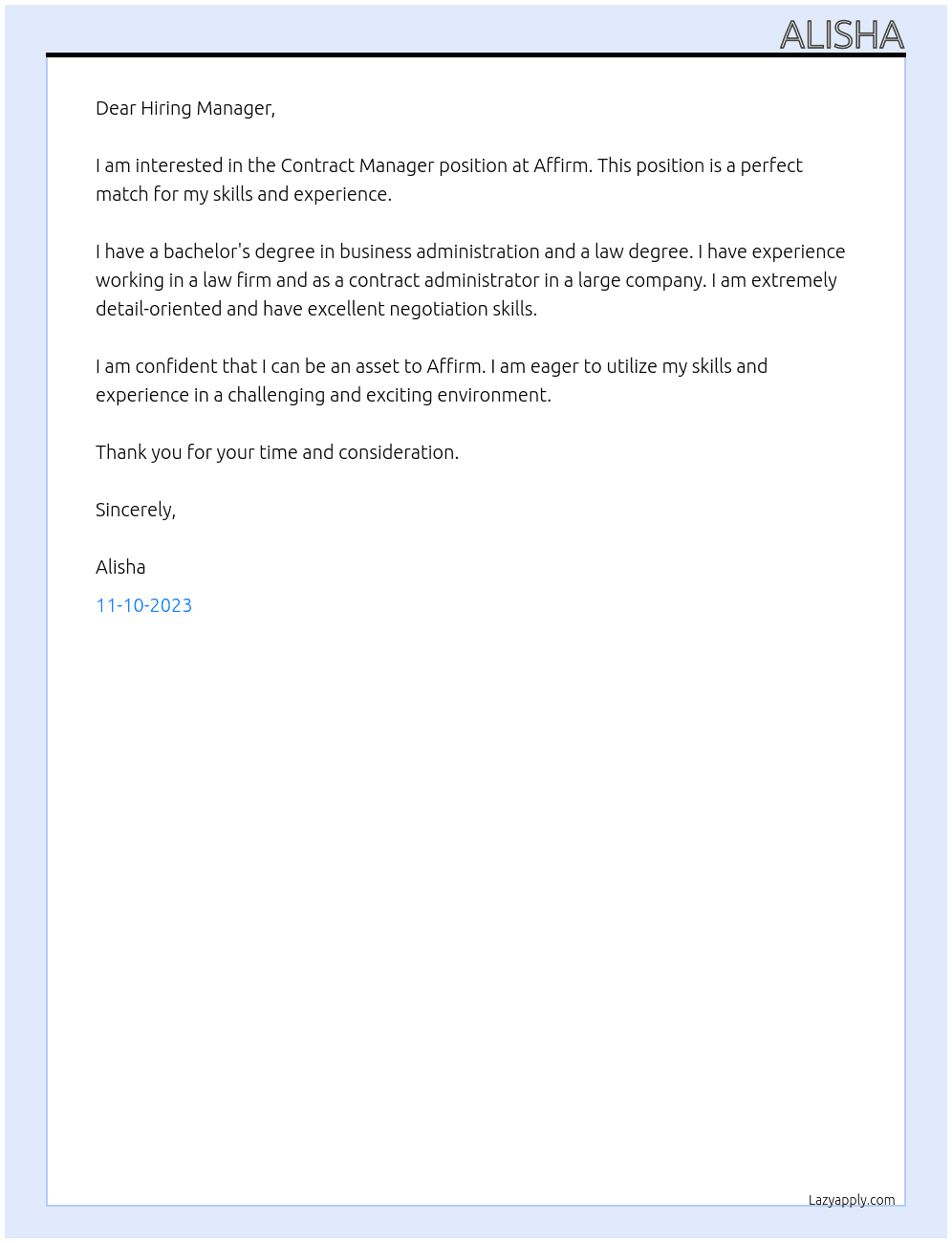 Contract Manager At Affirm Cover Letter