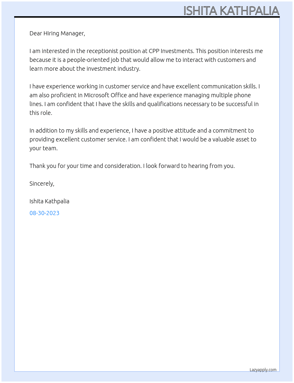 receptionist At CPP Investments Cover Letter