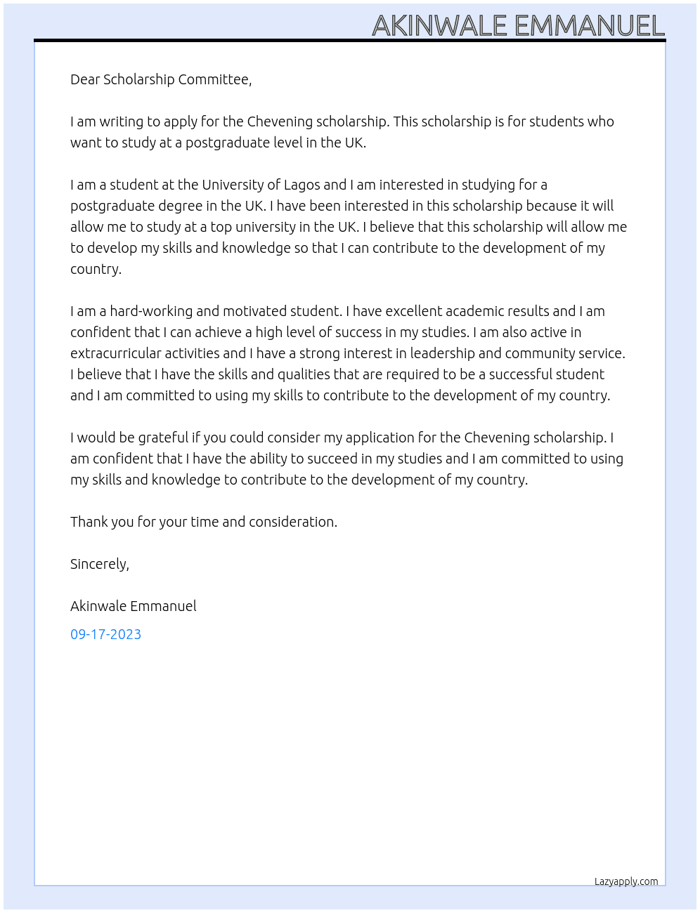 Student At Chevening scholarship Cover Letter