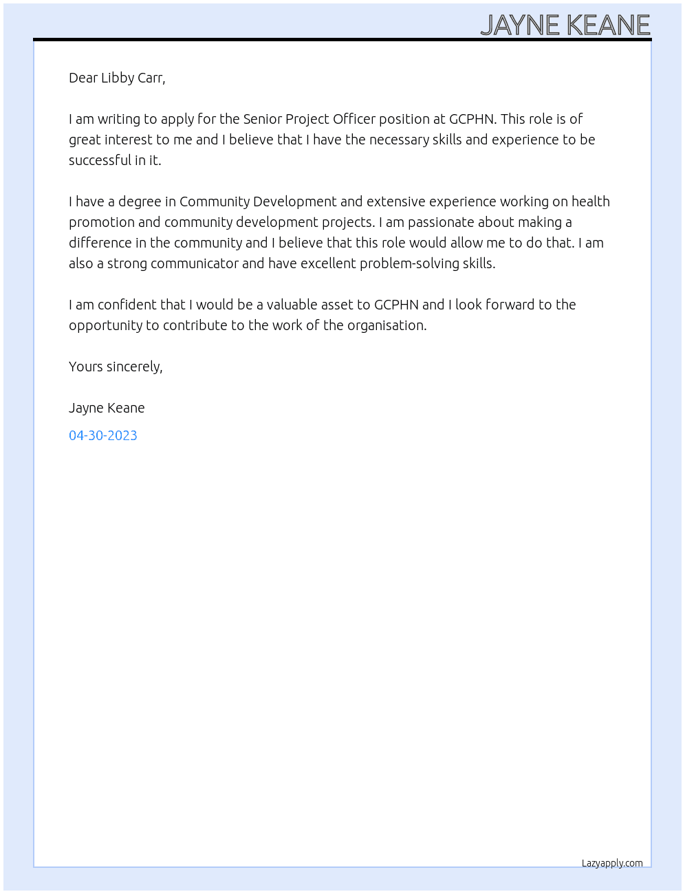 Senior Project Officer At GCPHN Cover Letter