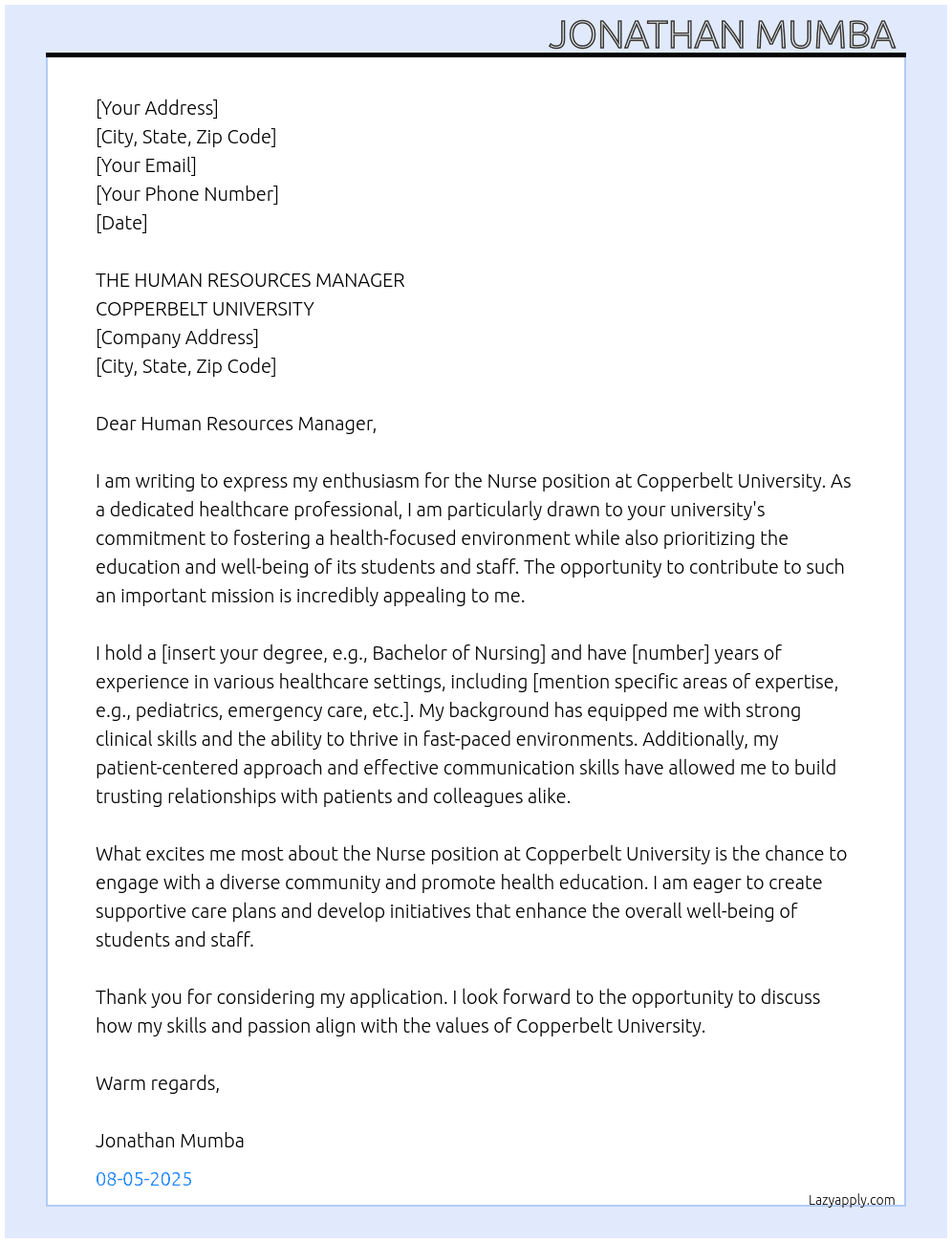 Nurse  At COPPERBELT UNIVERSITY  Cover Letter