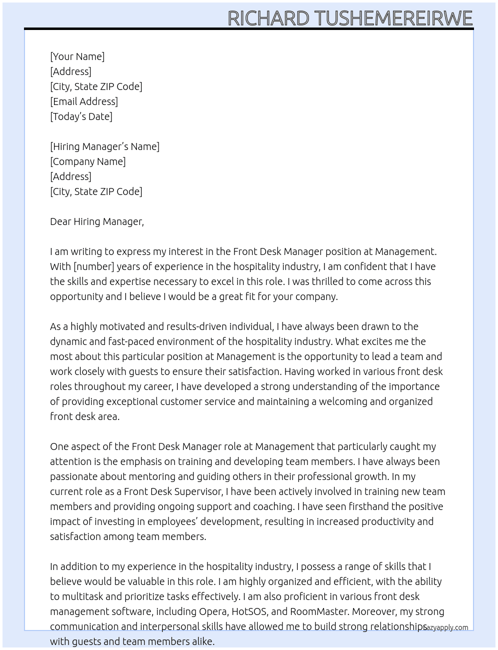 Front desk manager At Management Cover Letter
