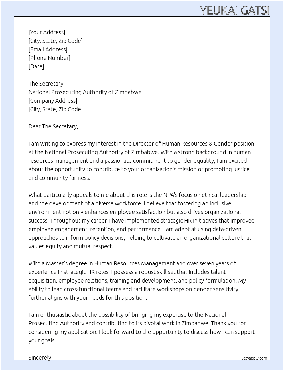 Cover letter for director- human resources & gender - LazyApply
