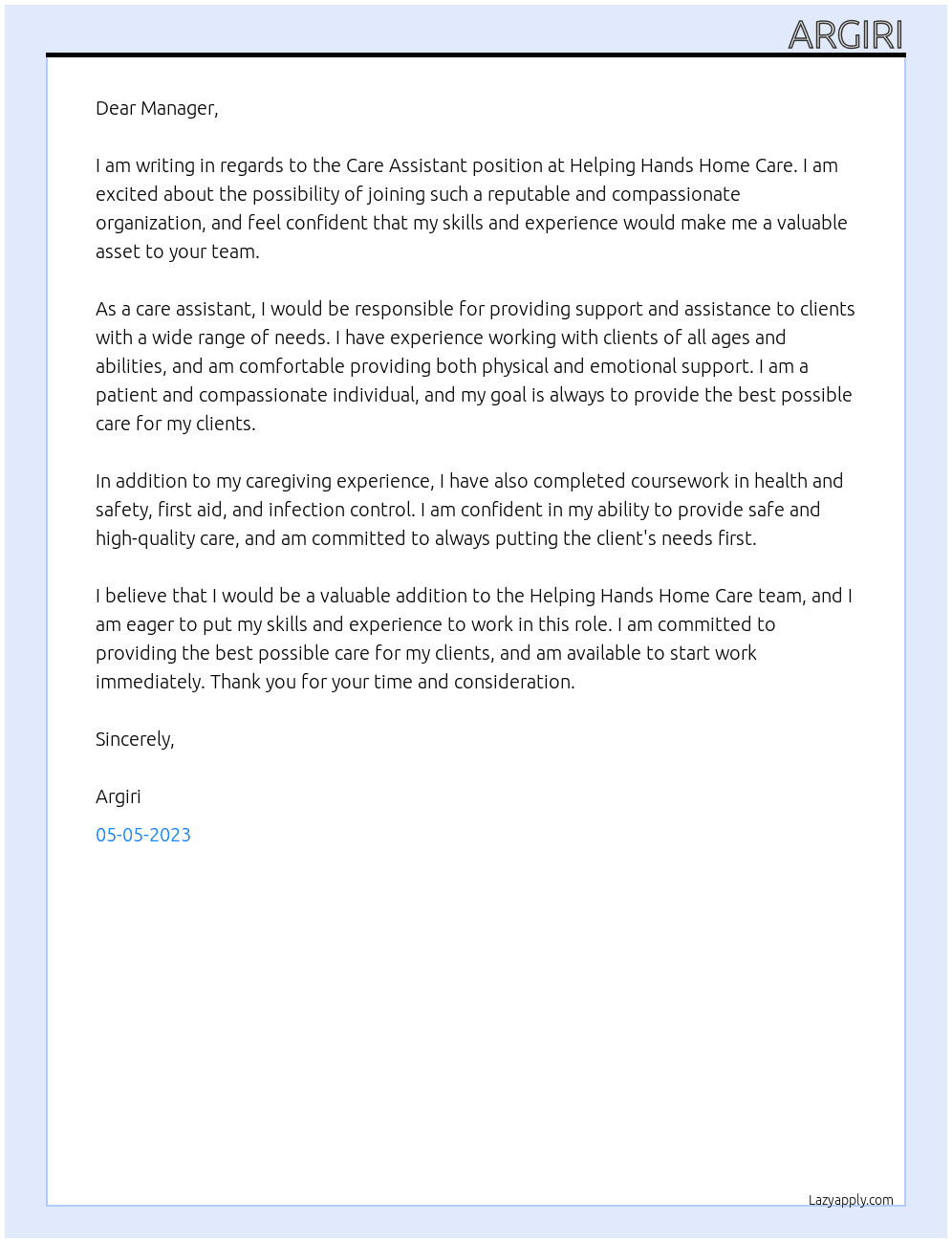 Care assistant At Helping hands home care Cover Letter