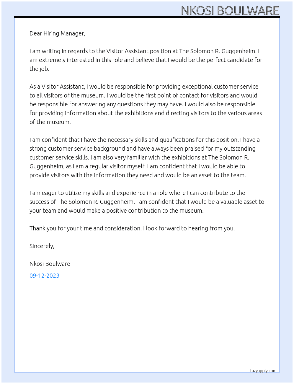 Visitor Assistant At The Solomon R. Guggenheim Cover Letter