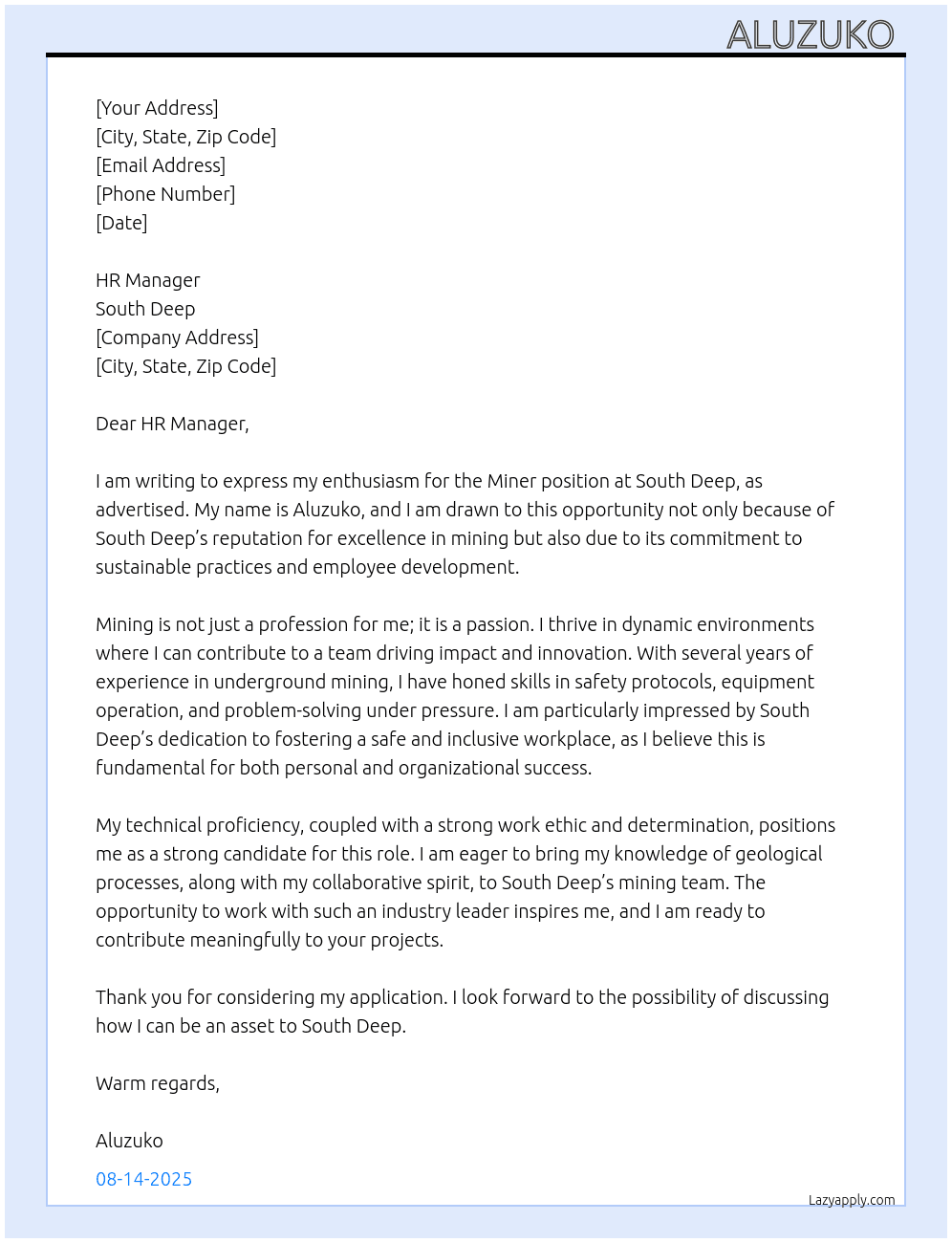 Cover letter for miner - LazyApply