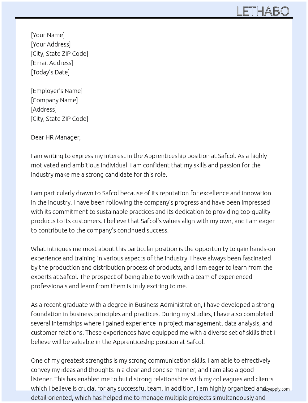Apprenticeship At Safcol Cover Letter