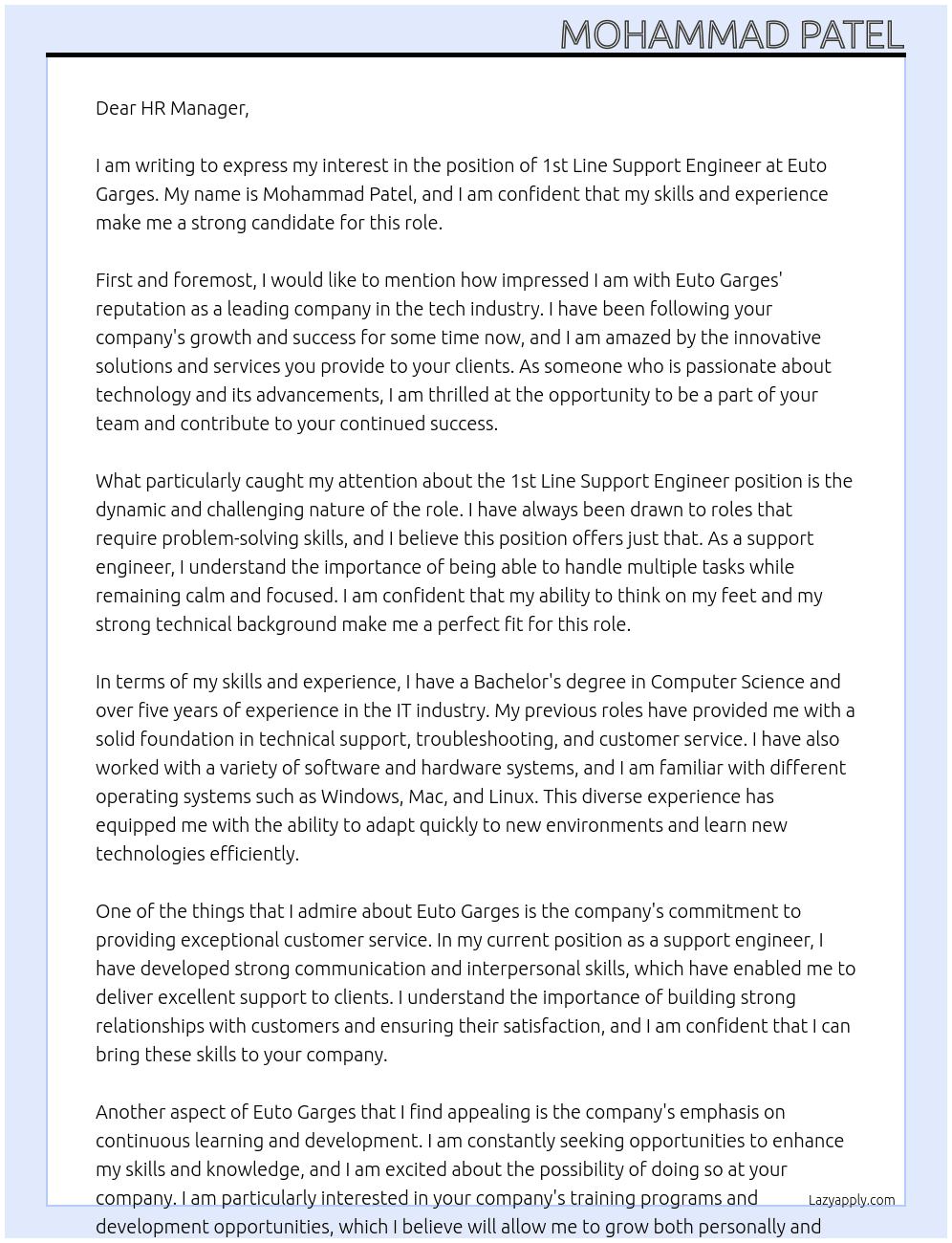 1st line support engineer At euto garges Cover Letter