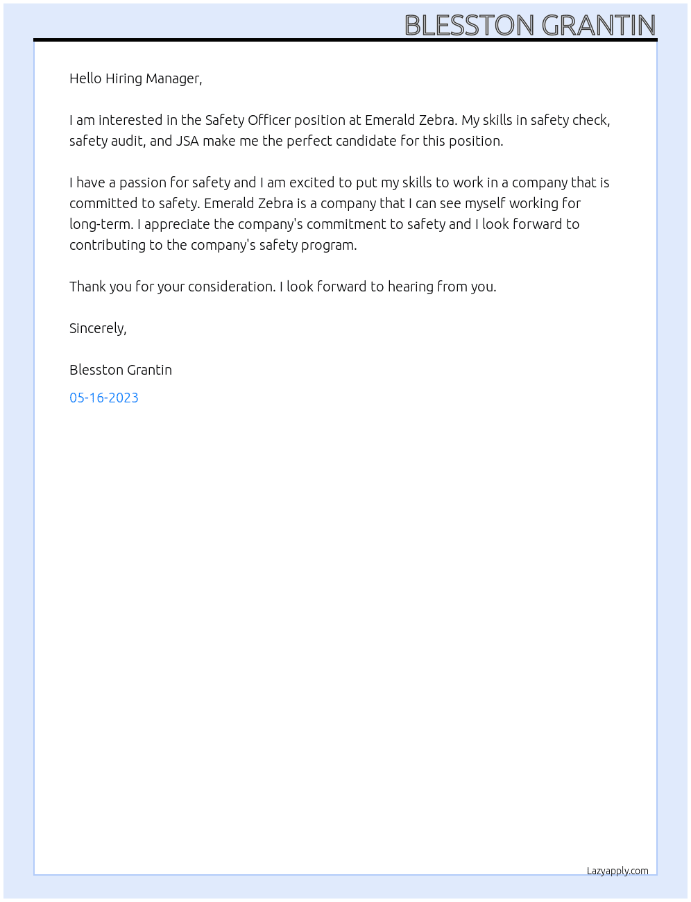 Safety officer At Emerald zebra Cover Letter