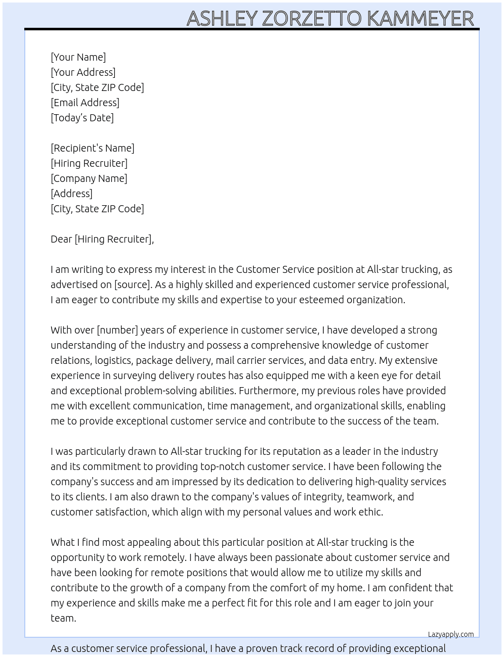 Customer service  At All-star trucking Cover Letter