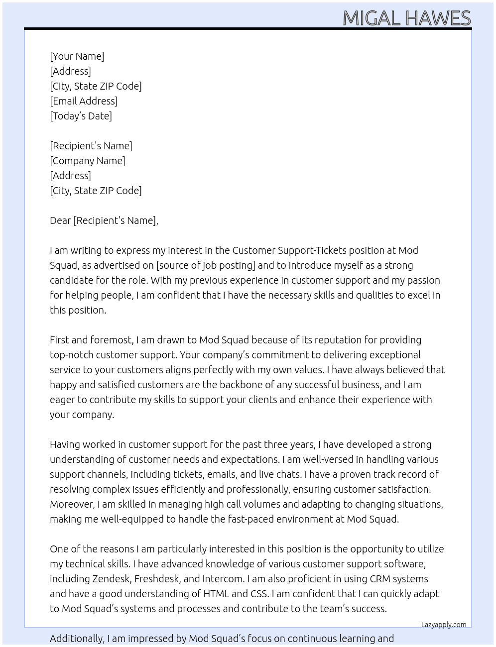 Customer Support -Tickets At Mod Squad Cover Letter