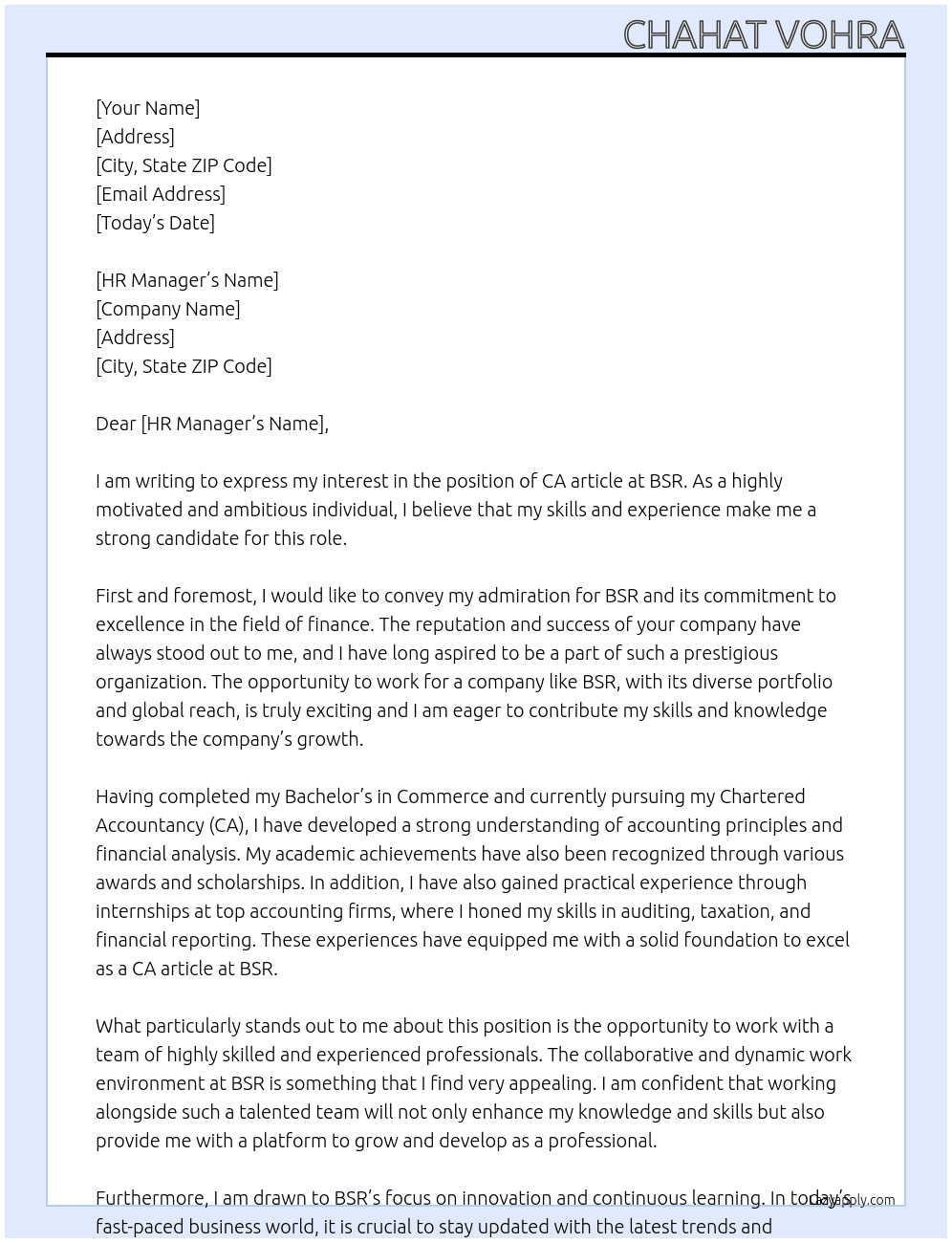 CA article  At BSR Cover Letter